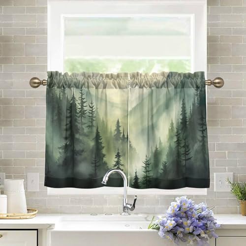 Flradish Mountain Forests Kitchen Curtains 24 Inch Length Blackout Thermal Insulating Tier Curtains with Rod Pockets Short Curtains Home Decor for Living Room/Bedroom