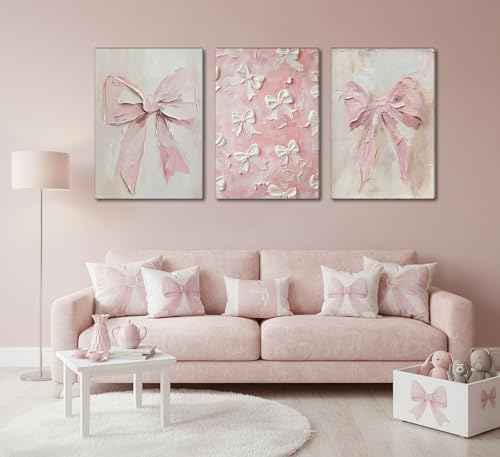 Image of 3Pcs Trendy Pink Bow Canvas Wall Art Vintage Cute Preppy Watercolor Bow Painting Pictures Wall Decor Posters Prints Girly Aesthetic for College Apartment Bedroom Decoration