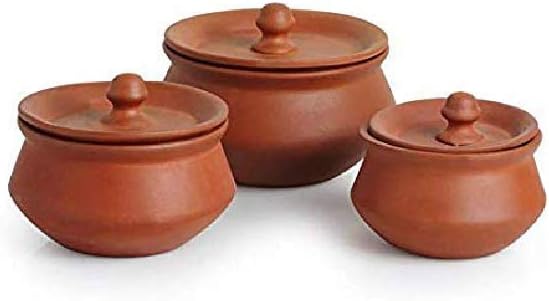 vaghbhatt Handmade Combo Clay Dahi Handi with lid/Curd Bowl/Curd Pot Set for Making and Serving Dal, Biryani, Curd and Other Dishes(Pack of 3)