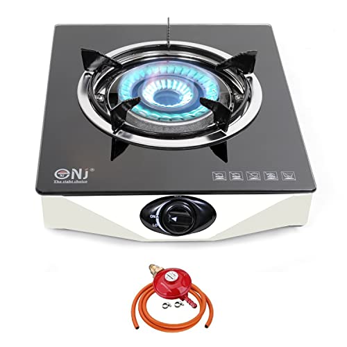 NJ NGB-S1 Gas Stove 1 Burner Cooker Tempered Glass with Safety Device LPG + Gas Regulator Set (Propane 37mbar Screw-on)