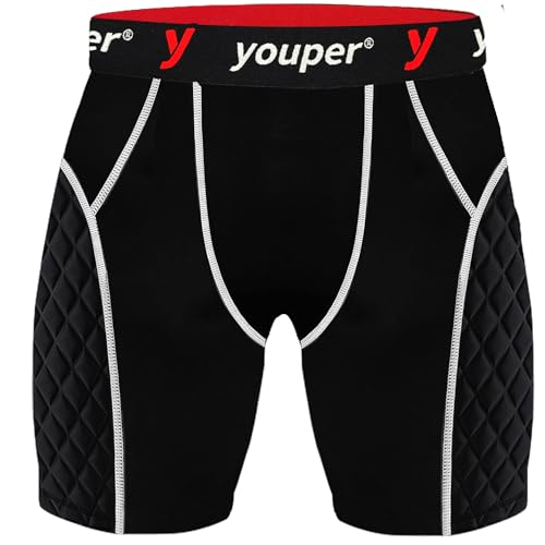 Youper Adult Elite Padded Sliding Shorts with Cup Pocket, Men's Slider Shorts for Baseball & Football, Black/Red/White, Large
