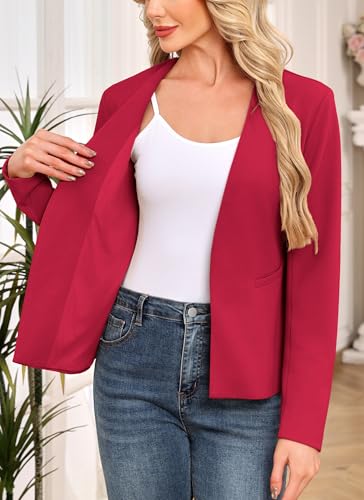Women's Casual Stretchy Knit Blazer Lightweight Slim Fit Jackets Long Sleeve Business Suit with Pockets Red2