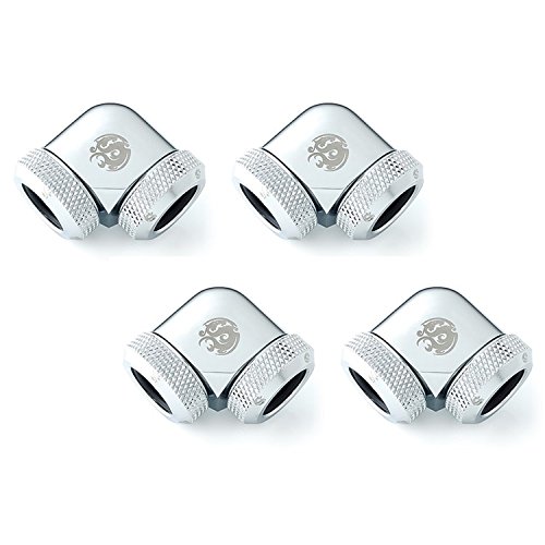 Bitspower Dual Enhance Multi-Link Adapter Fitting for 12mm OD Rigid Tubing, 90 Degree Angle, Silver Shining, 4-Pack