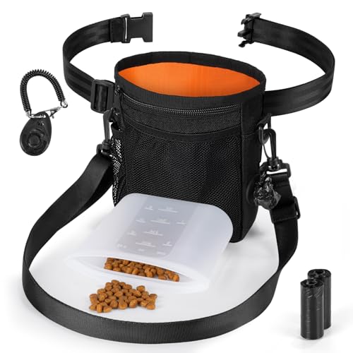 Sac Friandise pour Chien Lot de 4 Accessoires avec Clicker Chien, Dressage, Sacoche Crottes, Pochette Friandises Silicone, Ceinture Réglable
