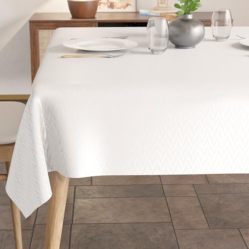 Image of Encasa XO Dining Table Cover Rectangular 120x120 cm | Waterproof Textured Polyester Dining Table Cloth | Machine Washable Tablecloth | ZZ White