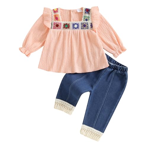 VISGOGO Toddler Baby Girl Crochet Outfit Floral Crocheted Camisole Top Linen Tassel Bohemian Floral Tops + Denim Pants Set