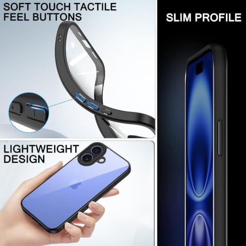 Image of VONZEE Clear Transparent Back Cover Case for iPhone 16 with Camera Protection Anti Yellow Slim Fit Anti-Fingerprint & Lightweight Protective Cover-Black
