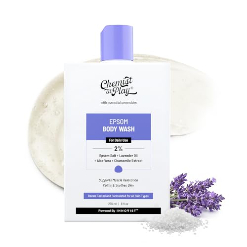 Image of Chemist At Play Epsom Salt Body Wash | Relaxes Muscle Stiffness | Eases Post Workout Soreness | Reduces Stress | 2% Epsom Salt, Lavender Oil & Aloe Vera Extract | pH Balanced | For Men & Women | 236ml