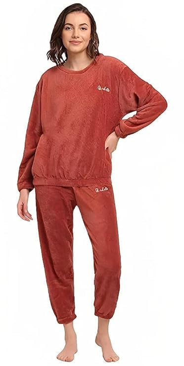 thrifty thread we promise comfort Winter Woolen Night Suit for Girls and Women/Winter Woolen Night Suit for Girls and Women/Winter Women Woolen Plain Velvet Winter Nightwear Suit Top and Pajama Set, Regular Comfort Fit (M Till 2XL)-picture-4
