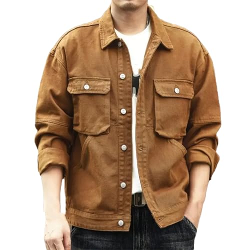 Yeuyyben Men Oversize Cowboy Coat Brown Cotton Denim Jackets Man Retro Outwear