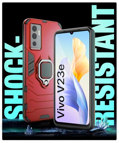 Image of WOW IMAGINE Shock Proof Back Case Mobile Cover for Vivo V23E 5G | for Vivo Y75 4G (Tough Armor | Hybrid PC + TPU | Full Protection with Ring Holder & in-Built Kickstand | Red)