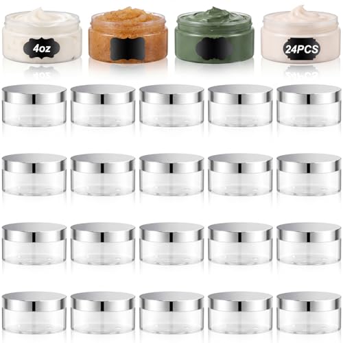 24 Pack 4 oz Clear PET Cosmetic Jars with Silver Lids and Labels for Creams