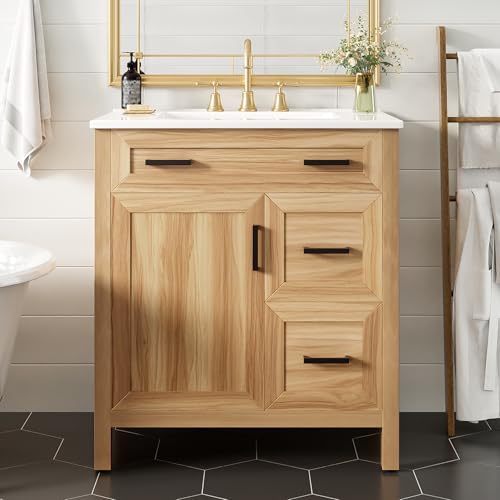 Virubi 30 Inch Wood Bathroom Vanity with Ceramic Sink, Single Vanity Sink with Soft Close Doors, 2 Soft Close Drawers, Adjustable Shelf, Modern Bathroom Storage Cabinet with Natural Solid Wood Frame