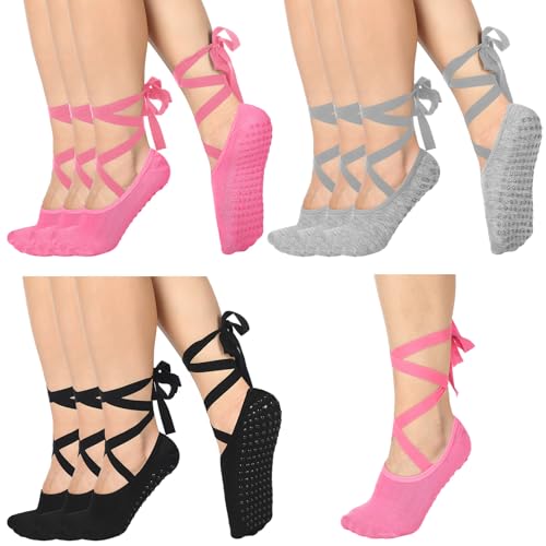Jeyiour 9 pcs Ballet Tie Socks for Women with Grips Pilates Yoga Non-slip Socks for Dancing Barre Ballet Yoga Pilates