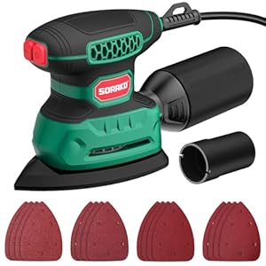 SORAKO Lijadora Madera 220W 14000 OPM Lijadora Electrica Con Bolsa Para Polvo Y 16 Hojas De Lija, Ideal Para Lijar Superficies De Madera Y Acero En Espacios Reducidos