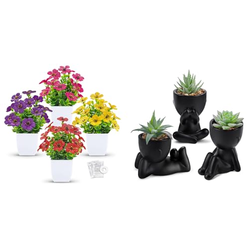 Der Rose Bundle of 4 Pack Fake Plants and 3pcs Fake Succulents Plants for Bathroom Bedroom Office Desk Spring Decor