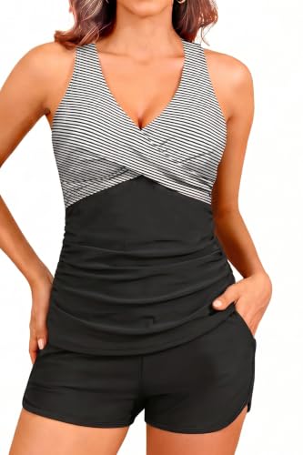 Image of Women Tankini Swimsuits with Shorts - Two Piece Tummy Control Bathing Suits Top with Two Pockets Bottom Swimwear