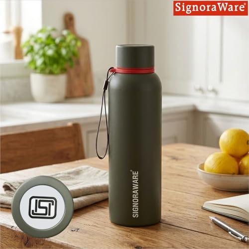 Image of SignoraWare Parkour Vacuum ISI Certified Stainless Steel Bottle With Hanging Strip | Airtight & Leakproof | Easy To Clean | Lightweight | Ideal for School, Office, Gym Or Outdoors (900ml | Green)