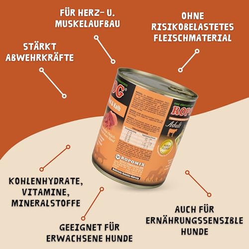 ROPODOG Hundefutter Nassfutter 6×800 g für Erwachsene Hunde Aller Rassen Premium Qualität getreidefrei, proteinreich, gut verträglich – Vollnahrung im Vorratspack (Rind & Kalb)