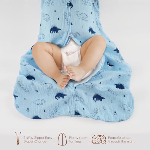 Image of david's kids Muslin Cotton Baby Sleep Sack 0-6 Months, 2 Pack 100% Cotton Sleeping Bag for Summer, TOG 0.5 Baby Wearable Blankets with 2-Way Zipper, Soft Sleep Sacks for Newborn Infant, Dinosaur