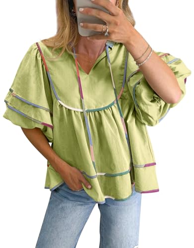 Cicy Bell Women Summer Babydoll Tops V Neck Short Sleeve Flowy Shirt Blouse | Trendy Casual,Puff Sleeve,Boutique Peplum Tops,Loose Fit