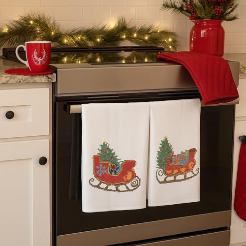 Image of LEISURE ARTS Stamped Tea Towel, Sleigh, 17x28 Inch, Perle Edge, 2 Pack | Pre-printed sleigh design, 17x28 in percale fabric 51% cotton 49% polyester. Perle edge. Stitch chart. Pack of 2.