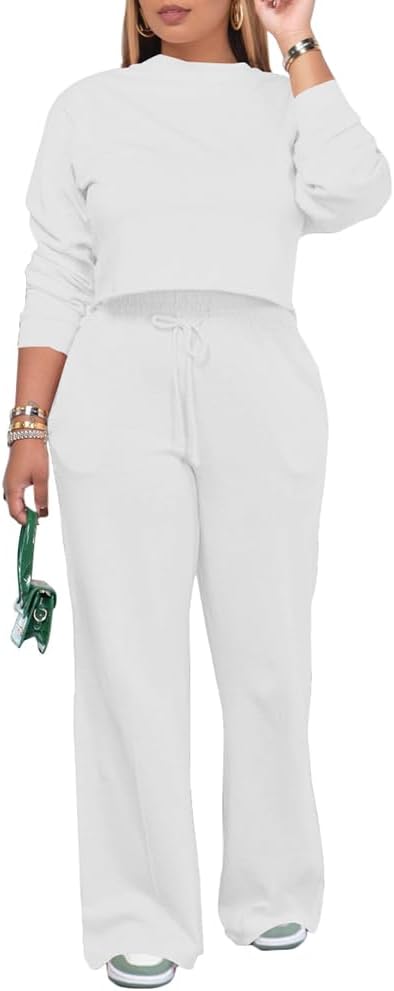 PINSV Women's 2 Piece Outfits Sweatsuit Set Long Sleeve Crop Top Drawstring Wide Leg Pants with Pockets Tracksuits Casual Set