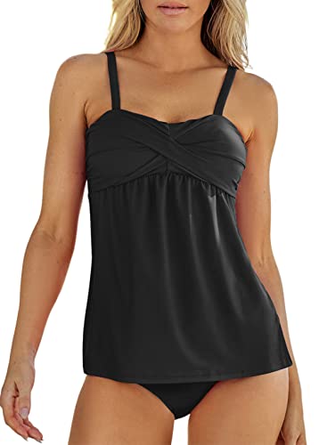 Actloe Women's Two Pieces Swimwear Ruched Tankini Top With Triangle Bottoms S-Xxxl Black Large #TOP6