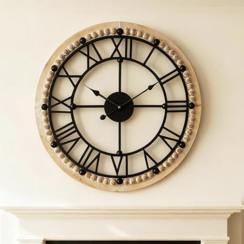 MASHI Large Wall Clock, Wooden Beaded Framed Minimalist Black Metal Wall Clock with Roman Numerals,Silent Non-Ticking Battery Operated Wall Clocks for Bedroom, Kitchen, School Decor (20 Inch)