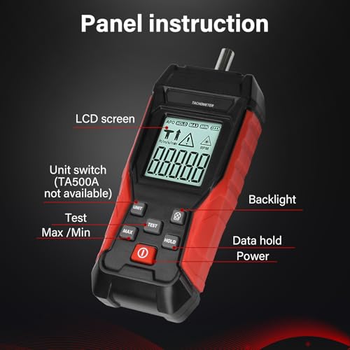 Digital Drehzahlmesser, Tachometer 2-in-1 Optisch (3-99.999 U/min) & Kontakt (3-19.999 U/min), 50-500mm Messabstand, 0.8s Reaktion, Max/Min/Durchschnitt für Auto, Industrie