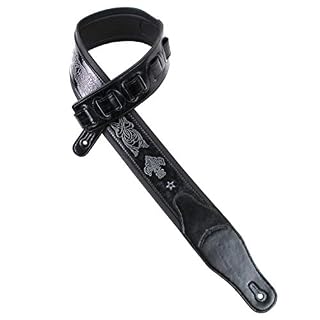 Walker And Williams GB-20 Sangle en cuir rembourré avec motif fleur de lys et chaîne française Noir denim - Les Beatles, Paul McCartney, John Lennon, RIngo Starr, George Harrison