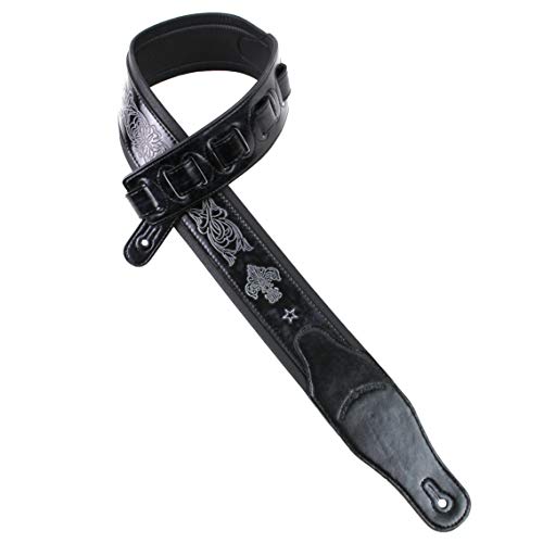 Walker And Williams GB-20 Sangle en cuir rembourré avec motif fleur de lys et chaîne française Noir denim - Les Beatles, Paul McCartney, John Lennon, RIngo Starr, George Harrison Walker And Williams GB-20 Sangle en cuir rembourré avec motif fleur de lys et chaîne française Noir denim