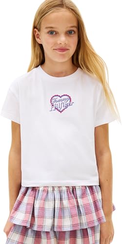 Tommy Hilfiger Girl's Tommy Heart Embro TEE SS KG0KG09280 S/S T-Shirt, White (White), 12 Years