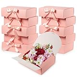 Briful 10 PCS Foldable Gift Boxes with Lids,10.6 × 7.9 × 3.3 Inches Pink Kraft Paper Gift Boxes, Birthday Favor Boxes with Pink Ribbon, Bridesmaid Proposal Box for Wedding Packaging Present