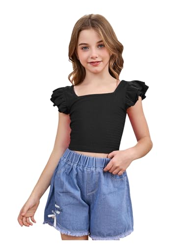 Image of OYOANGLE Girl's Casual Solid Ruffle Trim Cap Sleeve Square Neck Cute Crop Tank Tops T-Shirts