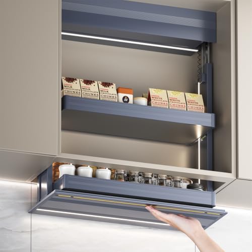 AngelParticle Electric Pull Down Shelf for Elderly & Disabled, Motorized Cabinet Lift with Touch Control, Anti-Collision Sensor & LED Light - Quiet, Safe Kitchen Storage Organizer for Upper Cabinets