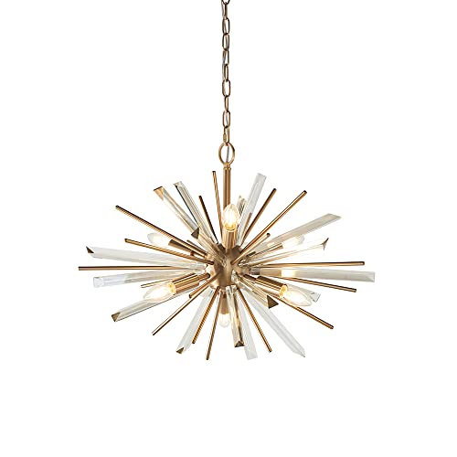 Image of Large Antique Brass Ceiling Pendant Light - 6 Bulb Hanging Fitting - Prism Glass | Steel & Glass Construction - Bulb Not Included - Requires 6 X 40W E14 Candle - 400 Lumens - Dimmable Lighting