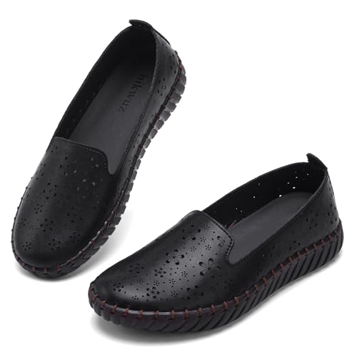 Image of Women's Summer Slip On Loafers, Breathable Perforated Hollow Cutout Flats, Comfortable Vegan Leather Walking Work Shoes for Women, Heart Floral Geometric Pattern Soft Sole Casual Summer Footwear