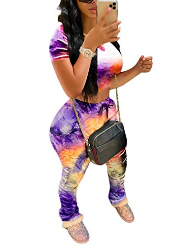 Women Tie Dye Sets Color Block Crop Shirt Tops Ruched Bodycon Pant Two Piece Sports Outfit Grey Large