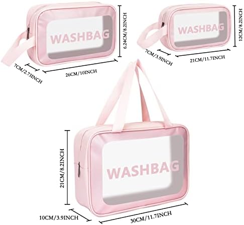 Arqumi Clear Toiletry Bag, 3PCS Portable Travel Wash Bag Waterproof PVC Makeup Cosmetic Organizer Transparent Storage Bag for Women Men Girls Pink