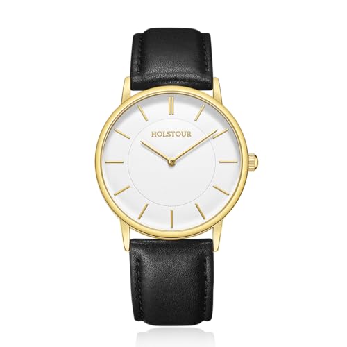 HOLSTOUR Watches for Mens Minimalist Fashion Business Wrist Watch Analog with Black Leather Strap