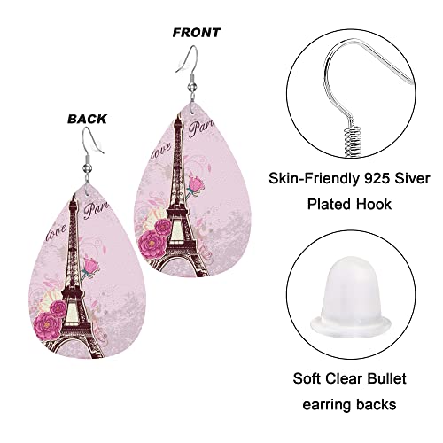 Zthll Faux Leather Teardrop Earrings For Women,Eiffel Tower And Roses Pattern Western Earrings For Girls Gift Drop Lightweight Dangle Earrings #TOP2