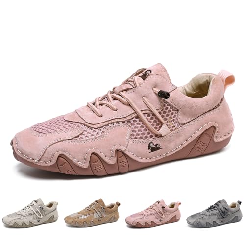 Women's Genuine Leather Mesh Casual Walking Shoes for Hiking Camping & Driving Fashion Elastic Lace Up Hand Stitched Outdoor Sports Shoes Comfortable Breathable Summer Sneakers (Pink,9)