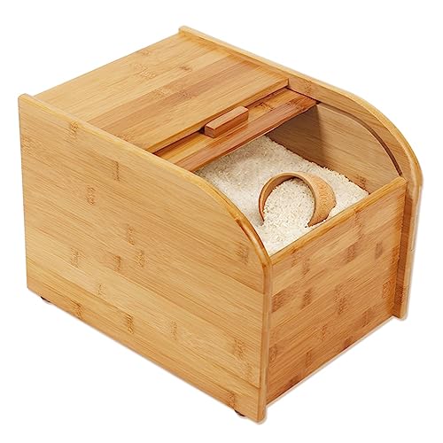 Dispenser di Riso al bambù con Coperchio, Cestino a Grana ermetica per l'organizzazione della Cucina.Include Tazza di Misurazione, Porta Scorrevole E Base Antiscivolo.Negozi Pasta, Cereali, Fagioli.