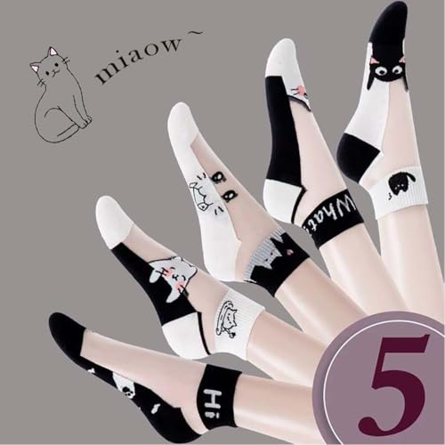 Image of Women Sheer Mesh Ankle Socks Thin Nylon Transparent Novelty Black White Cat Sock 5 Pack for Girls