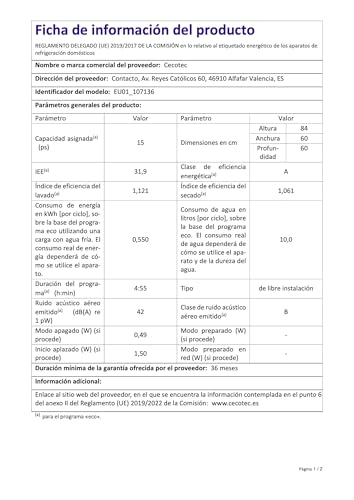 Cecotec Geschirrspüler 60 cm Bolero Aguazero 6900. 15 Maßgedecke, 8 Programme, Energieeffizienzklasse A, XXL-Farbdisplay, Automatische Türöffnung und Turbo Dry+, Zwei-Zonen-Spülung, Weiß