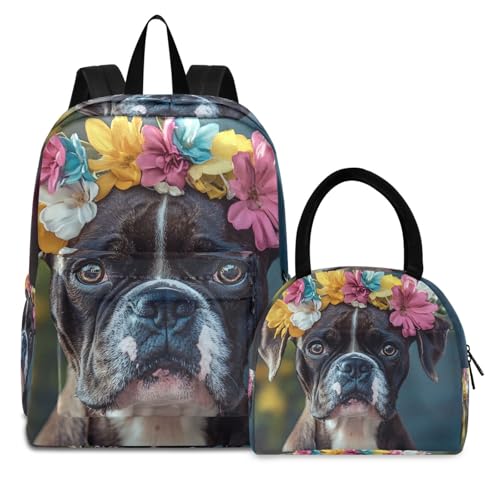 Backpack Lunch Box Set Large Capacity Travel Backpacks and Insulated Lunch Bag for Commute Hiking Picnic Floral Dog Print