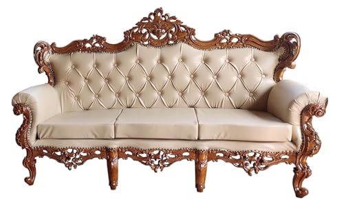Image of Royal Carved Wooden Sofa Set | 3+1+1 Seater | Antique with Button Tufted Velvet Upholstery | Victorian Style Living Room Furniture Tufted Sofa Set Grey 3-Piece (Design 8)