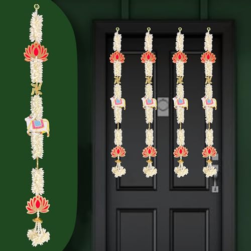 Image of Rajasthan Kraft Handcrafted MDF Lotus & Cow Hanging with Gajra & Swastik (Set of 4, 35 Inch, White & Red) Perfect for Home, Wedding and Event Decor