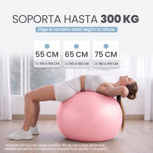 Miniatura 4 de Unycos - Pelota De Pilates, Gimnasia, Yoga, Fitness Y Embarazo, Fitball Antideslizante Y Anti-Burst 65 Cm De Pvc Extra Grueso, Resistencia De 300 Kg, Incluye Hinchador Rosa Claro Con Logo